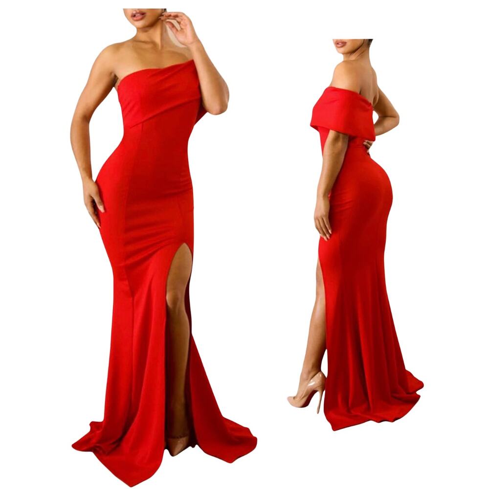 Women's Red Off Shoulder Mermaid Style High Slit Formal Prom Dress Large